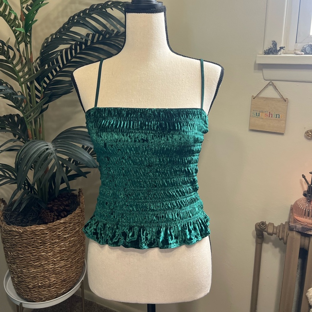 American Eagle Emerald Green Velvet Smocked Tube Top with Straps (M)